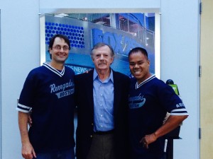 Rob, Jack and Wrong Way pose in front of a sign saying Fox TV