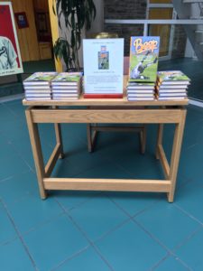 Stacks of "Beep" books sitting atop furniture made from my Father's factory at the Baseball Hall of Fame