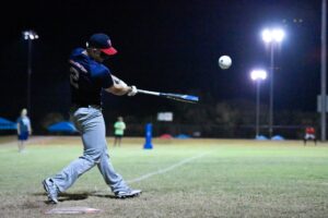Picture shows the ball leaving his bat