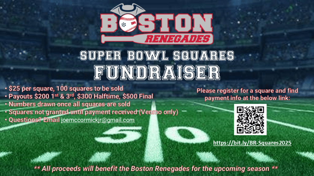 Graphic promoting our squares with Renegade logo on a football field and a QR code