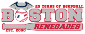 Boston Renegades Long Logo with the beepball as the O in Boston and the word Renegades inside a bat. The logo says: 25 Years of Beepball in red letters in the top right corner. Below it says Boston in grey letters with red outline and the O is replaced by a beepball. Right below, inside a grey bat you can see the word Renegades in red letters, and right below that on the left it is written EST. 2000 in red letter.