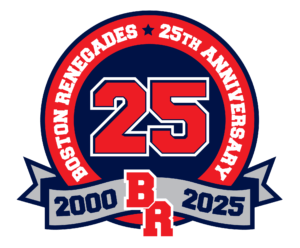 a special logo that says Boston Renegades 25th Anniversary around a circle. a big 25 in the middle and has our BR logo at the bottom with the years 2000-2025